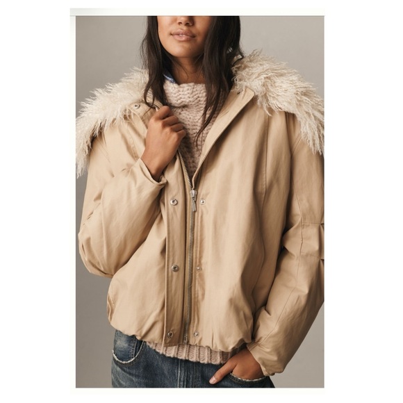 Anthropologie Tan Bomber Jacket with Plush Cream Faux Fur Collar Small NWT